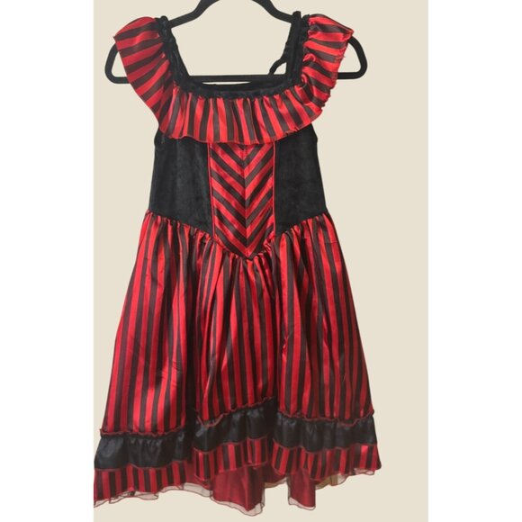 Vintage-Inspired Red & Black Striped Costume Dress w Ruffled Neckline & Matching - Picture 4 of 16